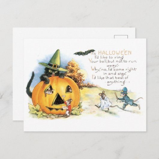 Carte Postale Halloween démodé, chat noir & souris (Devant / Derrière)
