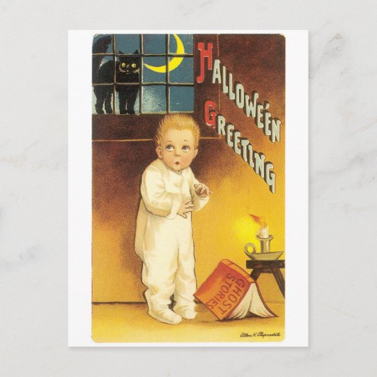 Carte Postale Halloween démodé, garçon & chat noir (Devant)