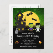 Carte Postale Halloween Fancy Robe Anniversaire Monstres Vert (Devant / Derrière)