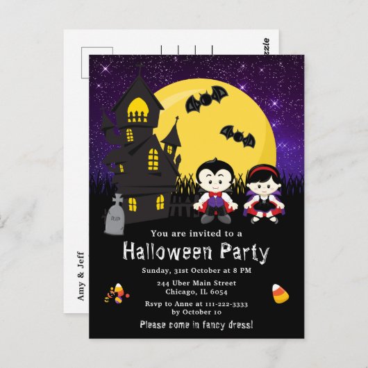 Carte Postale Halloween Fancy Robe Party Vampires violet (Devant / Derrière)