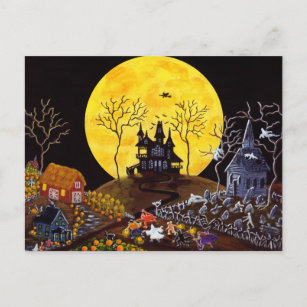 Carte Postale Halloween, fantômes, église, pierres tombales,