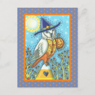 CARTE POSTALE HALLOWEEN FOLK ART BARN OWL & CANDY CORN
