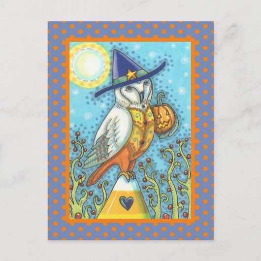 CARTE POSTALE HALLOWEEN FOLK ART BARN OWL & CANDY CORN (Devant)