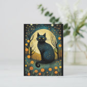 Carte Postale Halloween Forêt de Chat Noir Pleine lune florale (Debout devant)