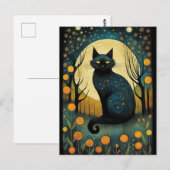 Carte Postale Halloween Forêt de Chat Noir Pleine lune florale (Devant / Derrière)
