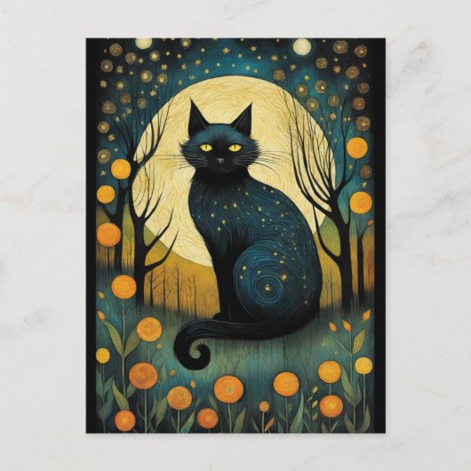 Carte Postale Halloween Forêt de Chat Noir Pleine lune florale (Devant)