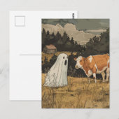 Carte Postale Halloween Ghost and Cow Vintage Farm (Devant / Derrière)