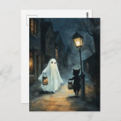 Carte Postale Halloween Ghost et Rencontre de chat (Devant / Derrière)