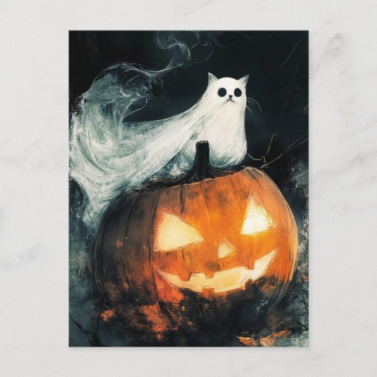 Carte Postale Halloween GhostCat et Jack-o'-lantern (Devant)