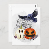 Carte Postale Halloween Gothique Corbeau Corneille Citrouilles (Devant / Derrière)