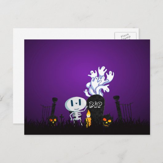 Carte Postale Halloween Graveyard Éffrayant Cute Skelton Et Ghos (Devant / Derrière)