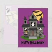 Carte Postale Halloween haunted house and little witch purple (Devant / Derrière)