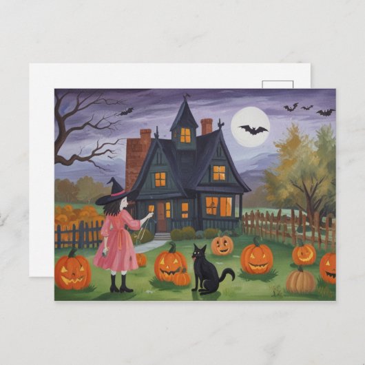 Carte Postale Halloween Haunted House Witch (Devant / Derrière)