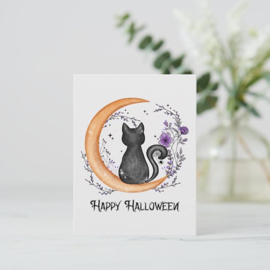 Carte Postale Halloween heureux - Chat noir sur la lune de crois (Debout devant)