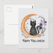 Carte Postale Halloween heureux - Chat noir sur la lune de crois (Devant / Derrière)
