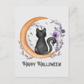 Carte Postale Halloween heureux - Chat noir sur la lune de crois (Devant)