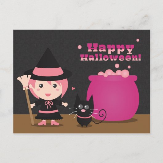 Carte Postale Halloween heureux, sorcière rose mignonne et chat  (Devant)
