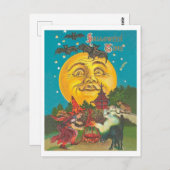Carte Postale Halloween, jeune sorcière à pleine lune jaune (Devant / Derrière)
