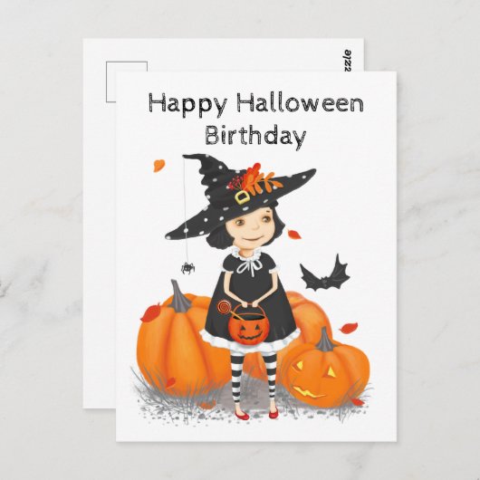 Carte Postale Halloween jolie petite sorcière (Devant / Derrière)