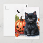 Carte Postale Halloween Kitten noir avec Jack-o-lanterne (Devant / Derrière)