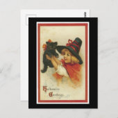 Carte Postale Halloween Kitten noir et sorcière fille (Devant / Derrière)