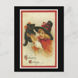 Carte Postale Halloween Kitten noir et sorcière fille