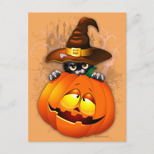 Carte Postale Halloween Kitty Witch and Pumkin Friend Postcard (Devant)