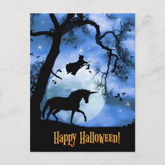 Carte Postale Halloween licorne et sorcière (Devant)