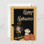Carte postale Halloween Little Witch & White Cat D (Devant / Derrière)