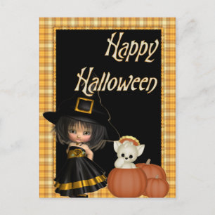 Carte postale Halloween Little Witch & White Cat D