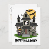 Carte Postale Halloween maison hantée et petite sorcière blanche (Devant / Derrière)