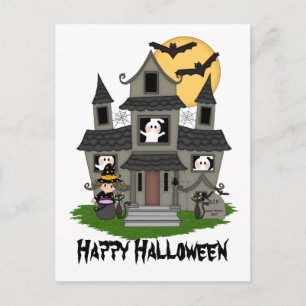 Carte Postale Halloween maison hantée et petite sorcière blanche