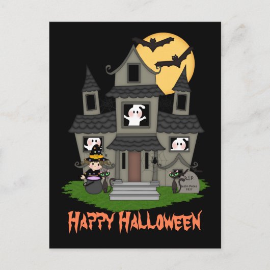 Carte Postale Halloween maison hantée et petite sorcière noir (Devant)