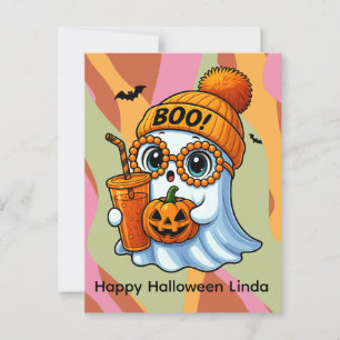 Carte Postale Halloween mignon Fantôme Automne rose Orange