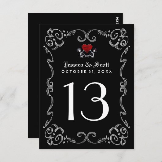Carte Postale Halloween noir blanc Skeletons Heart Table Numéro (Devant / Derrière)