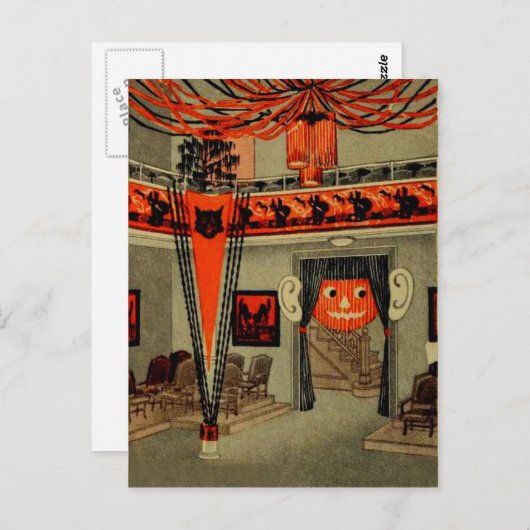 Carte Postale Halloween Party Jack-o'-lantern Citrouille Chat no (Devant / Derrière)