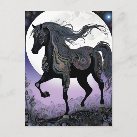 Carte Postale Halloween Pleine lune Cheval Noir (Devant)