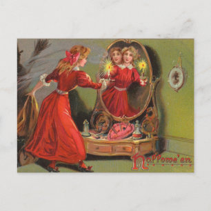 Carte Postale Hallowe'en Réflexion miroir fille Vintage