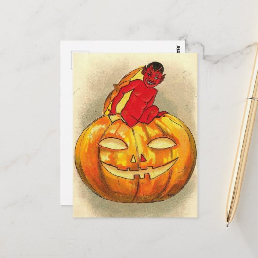 Carte Postale Halloween Rétro Citrouille et Diable (Devant/Arrière en situation)