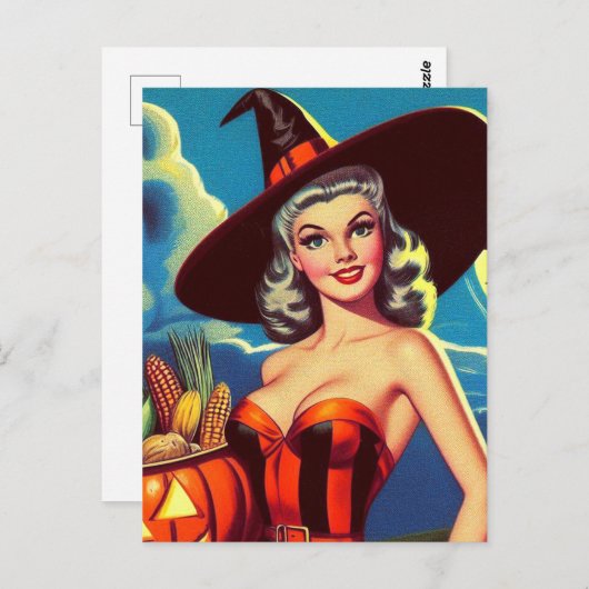Carte Postale Halloween rétro Pin-up sorcière (Devant / Derrière)