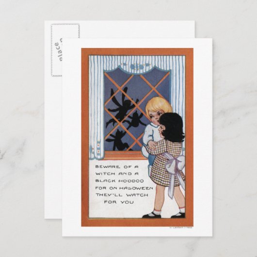 Carte Postale Halloween salutationAraignées à la fenêtre (Devant / Derrière)