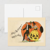 Carte Postale Halloween Salutations Danser Couple Citrouille Vin (Devant / Derrière)