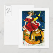 Carte Postale Halloween Salutations Femme sur Jack-o-Lantern (Devant / Derrière)
