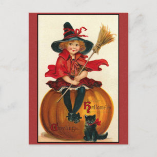 Carte Postale Halloween Salutations Vintage fille et chat