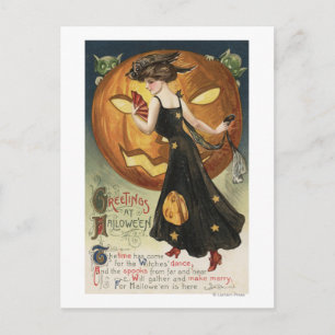 Carte Postale Halloween SalutationWitch Danser et Citrouille