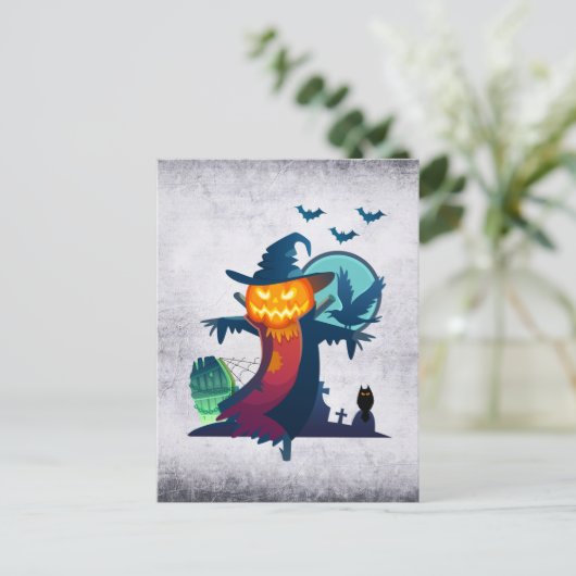 Carte Postale Halloween Scarecrow With Bats Crow and Owl (Debout devant)
