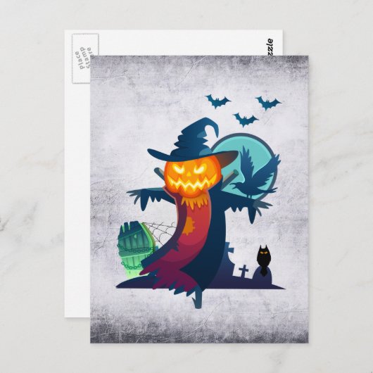 Carte Postale Halloween Scarecrow With Bats Crow and Owl (Devant / Derrière)