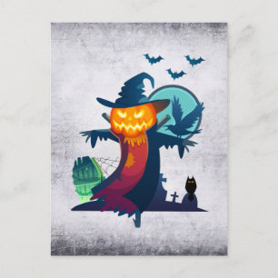 Carte Postale Halloween Scarecrow With Bats Crow and Owl
