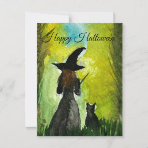 Carte Postale Halloween sorcière Chat noir femme Spires
