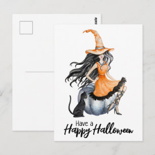 Carte Postale Halloween sorcière et chat noir
